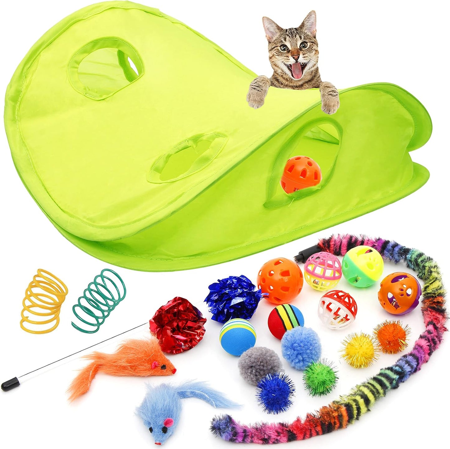 18 Cat Toys Kitten Toys Assortments, Cat Teaser Wand, Interactive Bell Toy, Sparkle Balls for Cat, Puppy, Kitty, Kitten