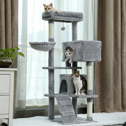 56" Multi-Level Cat Tree Tower House for Indoor Cats, Cat Condo Plush Perch with Scratching Posts, Hammock Basket, Beige